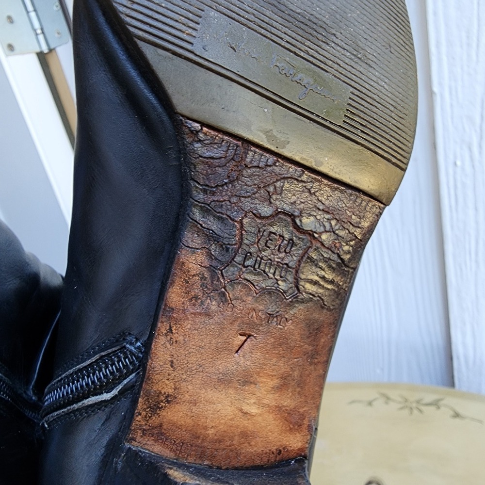 Vintage Salvatore Ferragamo Sz 7 Black Leather Riding Boots Made in Italy Preppy - Picture 7 of 14